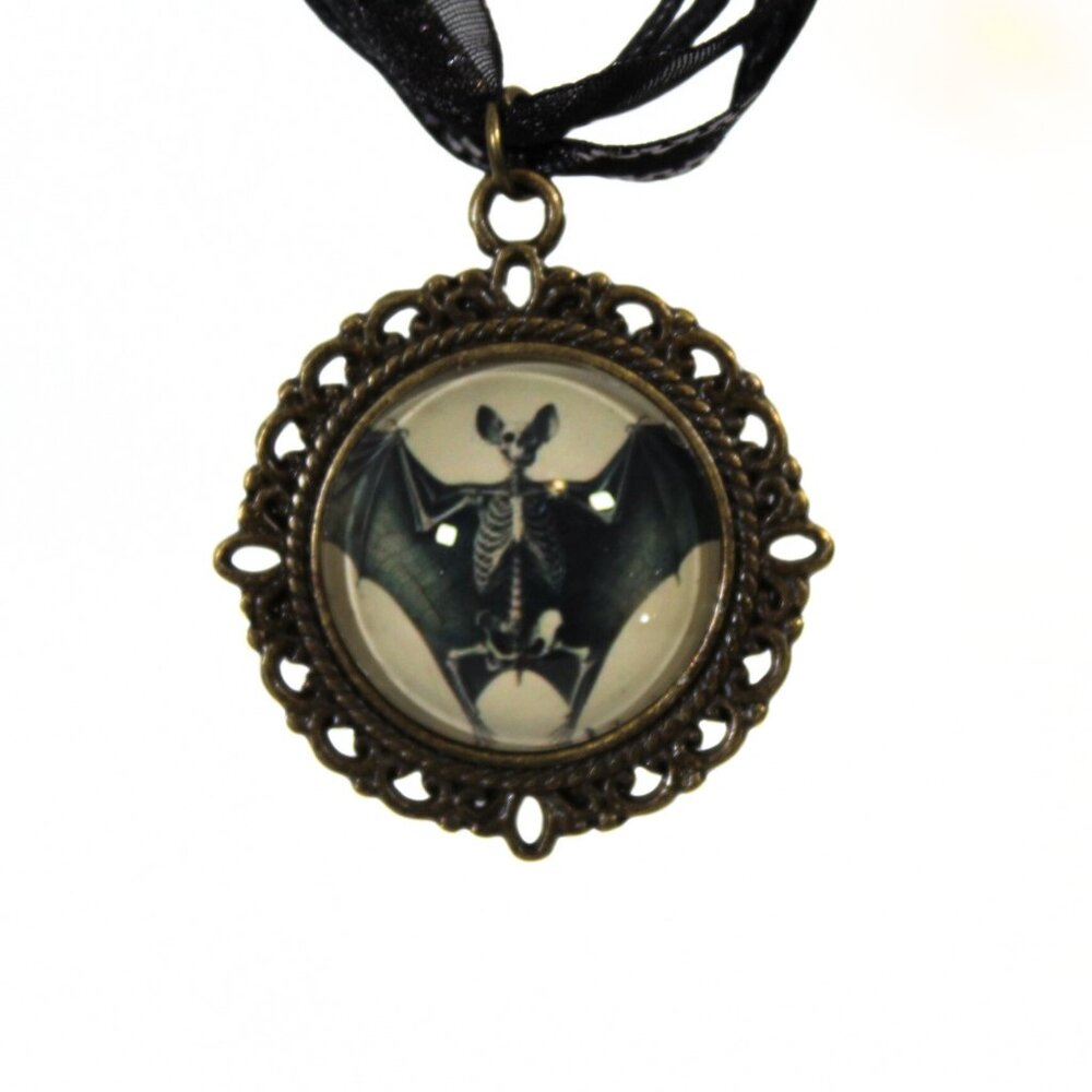 🔨 Gothic Victorian "Wings of the Departed" Goth Skeletal Bat Ribbon Necklace